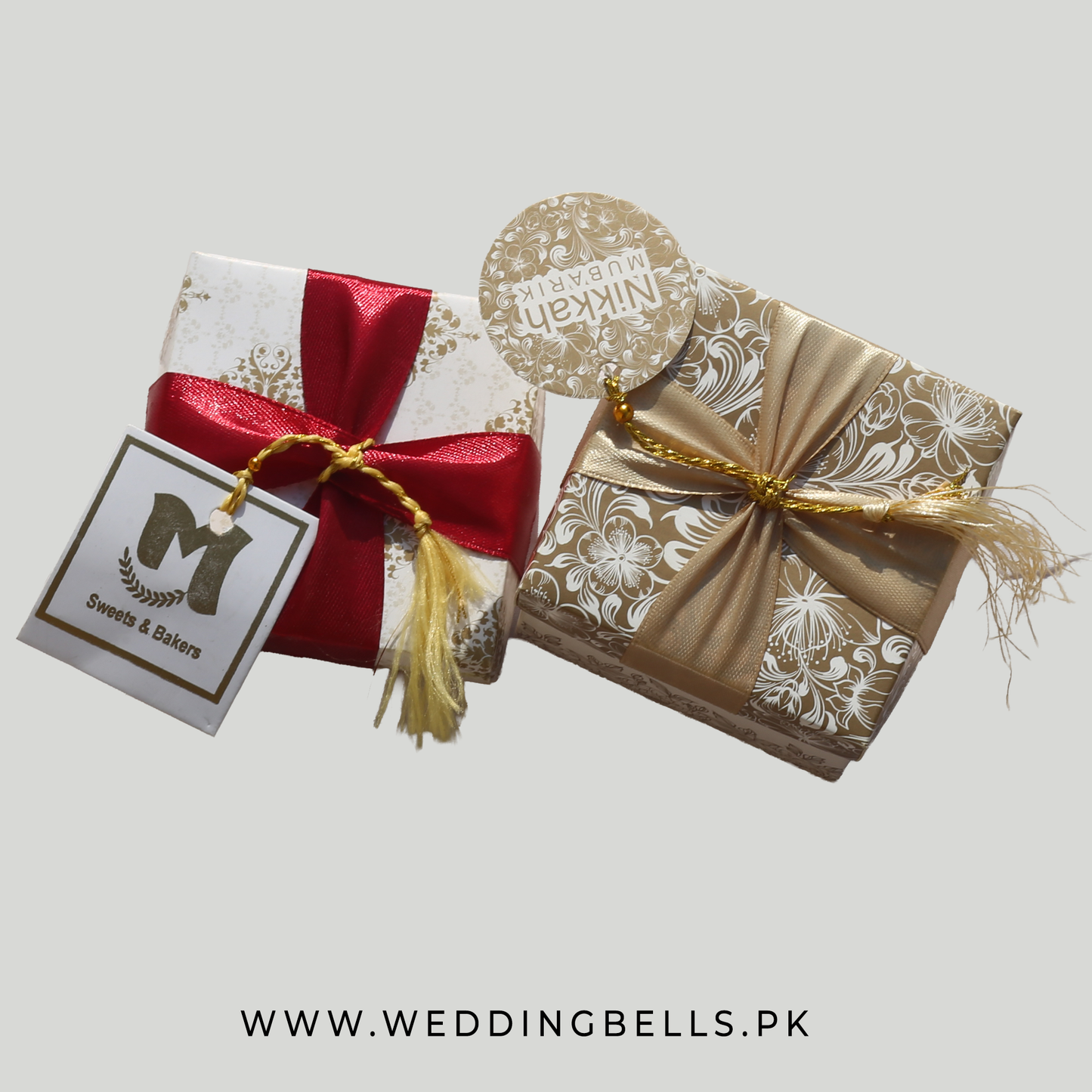 Square Nikkah Bid Box – Ivory Gold Peonies with Maroon Silk Ribbon