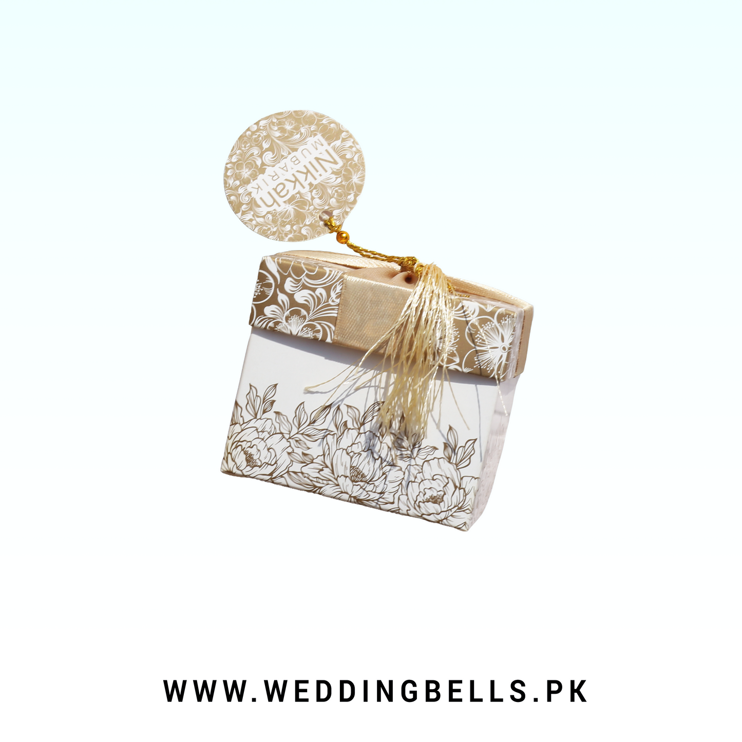 Square Nikkah Bid Box – Ivory Gold Peonies with Maroon Silk Ribbon