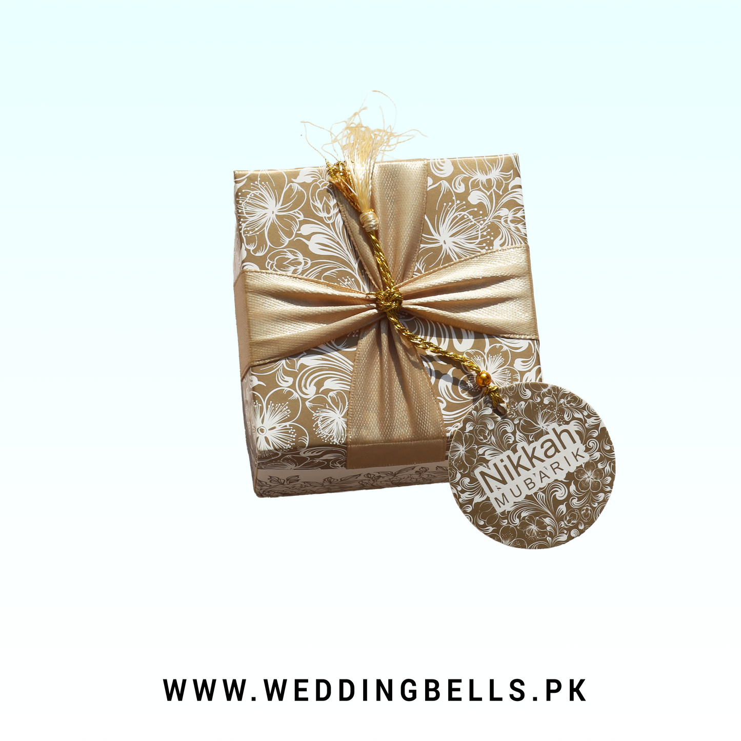 Square Nikkah Bid Box – Ivory Gold Peonies with Maroon Silk Ribbon
