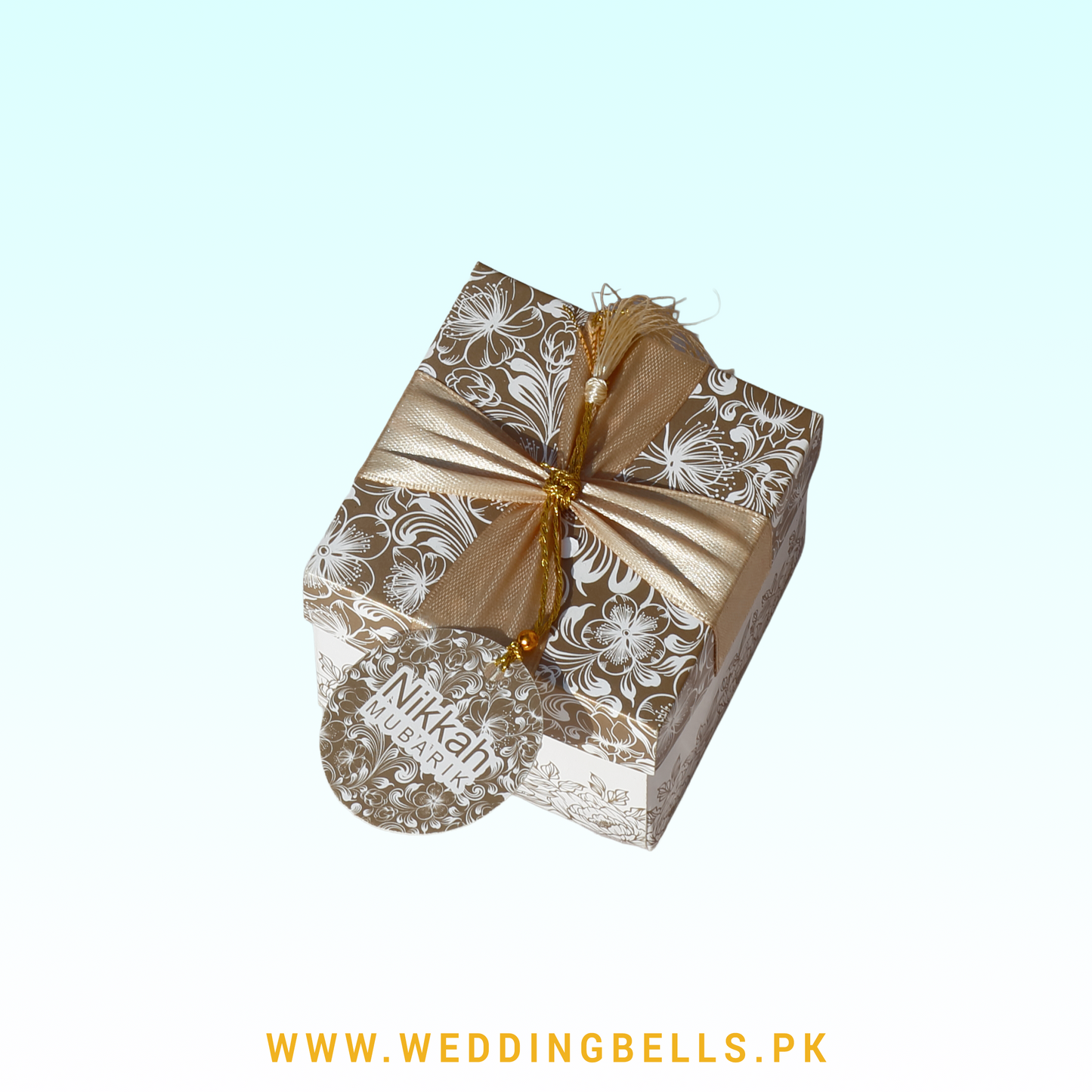 Square Nikkah Bid Box – Ivory Gold Peonies with Maroon Silk Ribbon