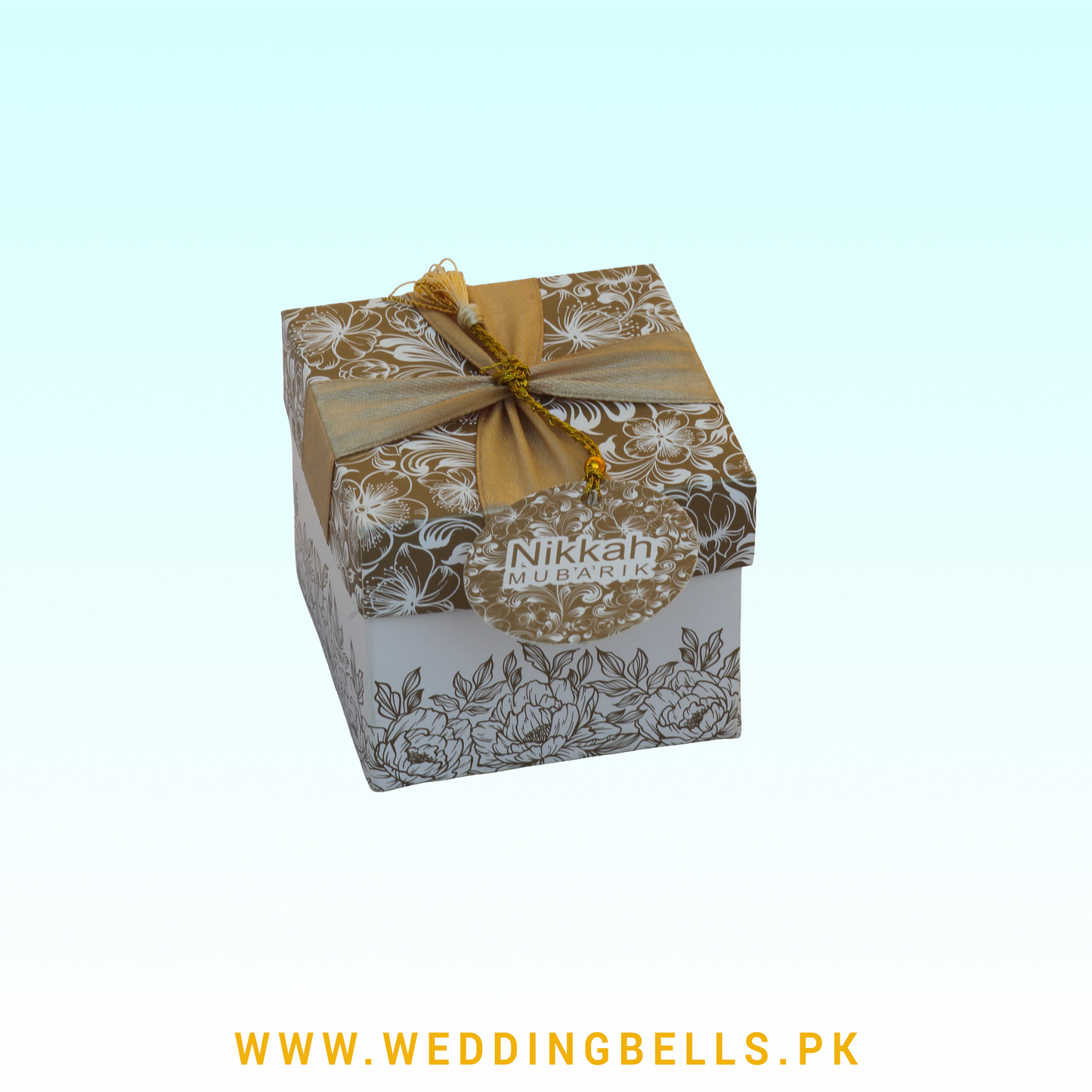 Square Nikkah Bid Box – Ivory Gold Peonies with Maroon Silk Ribbon
