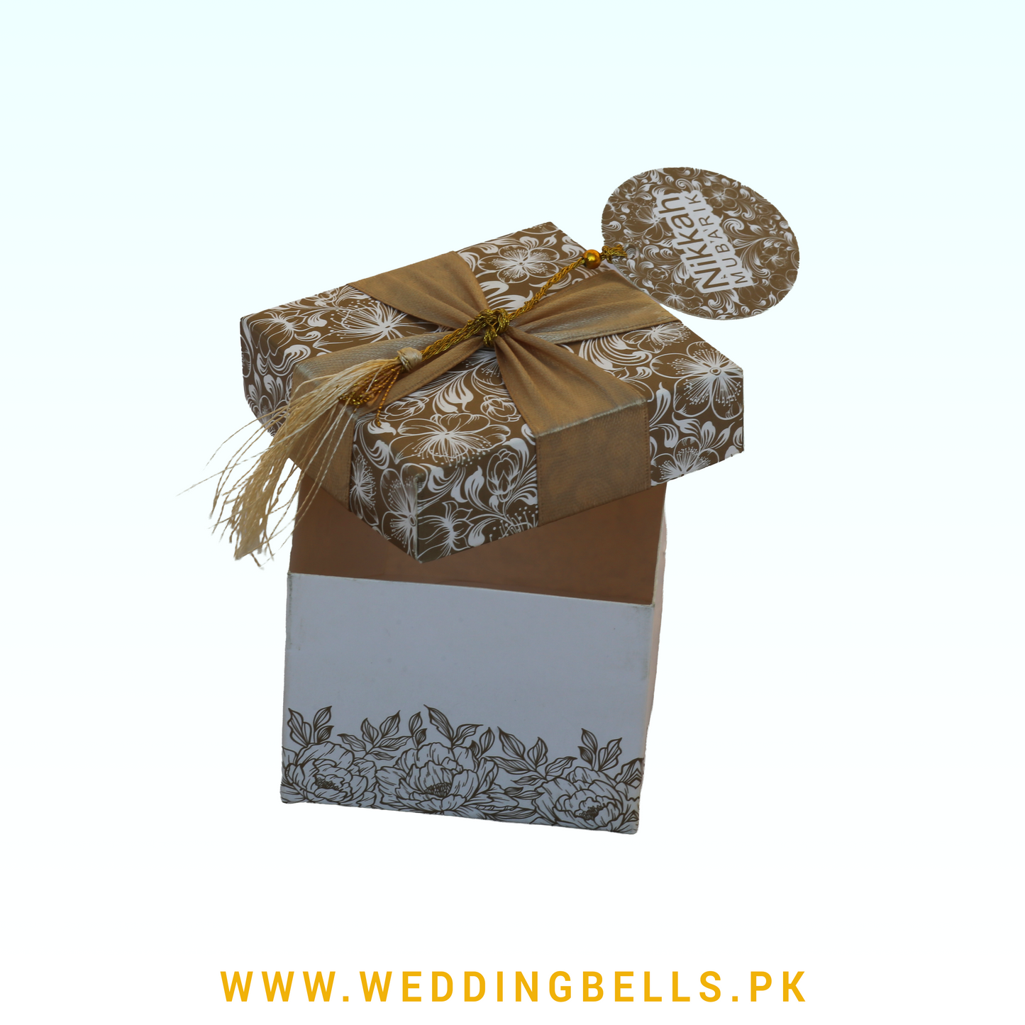 Square Nikkah Bid Box – Ivory Gold Peonies with Maroon Silk Ribbon