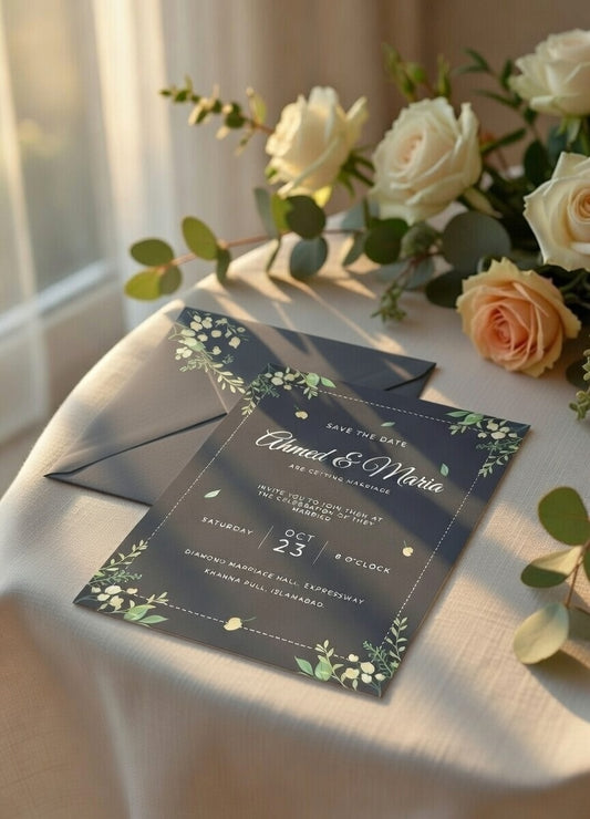 Midnight Bloom Navy & Eucalyptus Wedding Invitation Suite